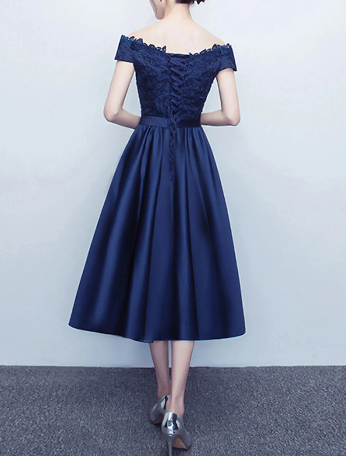 A-Line Cocktail Dresses Elegant Dress Wedding Guest Party Wear Tea Length Short Sleeve Off Shoulder Satin with Sash / Ribbon Bow(s) Pleats