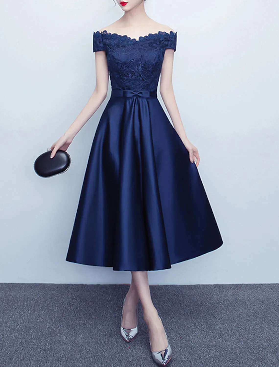 A-Line Cocktail Dresses Elegant Dress Wedding Guest Party Wear Tea Length Short Sleeve Off Shoulder Satin with Sash / Ribbon Bow(s) Pleats