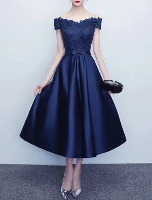 A-Line Cocktail Dresses Elegant Dress Wedding Guest Party Wear Tea Length Short Sleeve Off Shoulder Satin with Sash / Ribbon Bow(s) Pleats