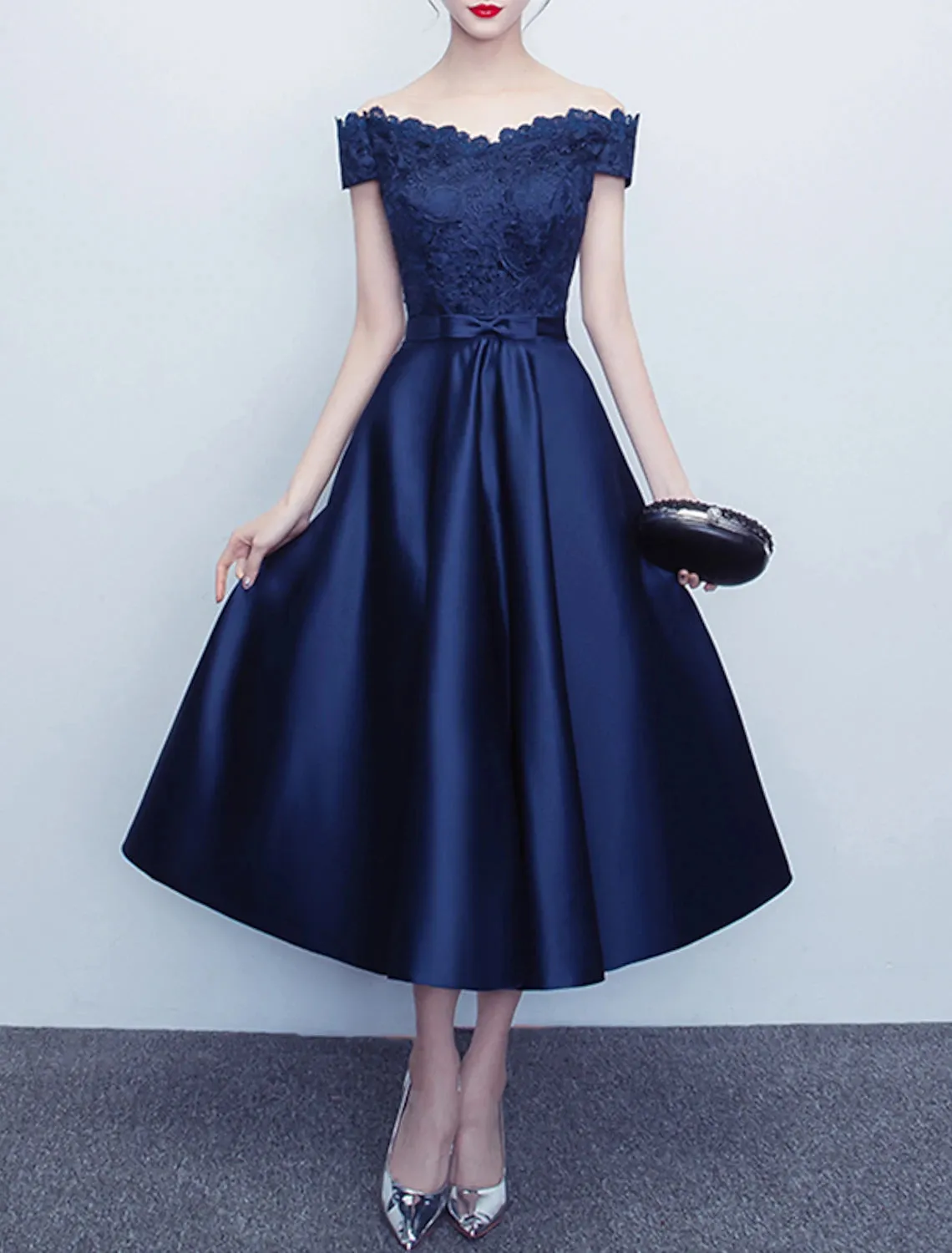A-Line Cocktail Dresses Elegant Dress Wedding Guest Party Wear Tea Length Short Sleeve Off Shoulder Satin with Sash / Ribbon Bow(s) Pleats