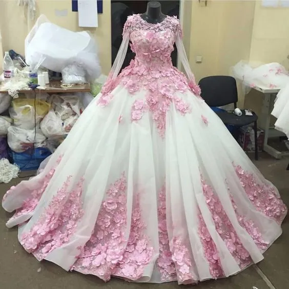 Ball Gown Prom Dresses Long Sleeve Lace Pink Floral Luxury Long Prom Dress JKL508