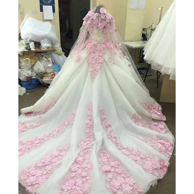 Ball Gown Prom Dresses Long Sleeve Lace Pink Floral Luxury Long Prom Dress JKL508