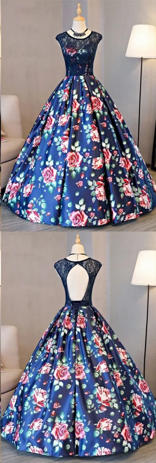 Ball Gown Prom Dresses Scoop Lace Floral Print Floor-length Chic Prom Dress JKL805