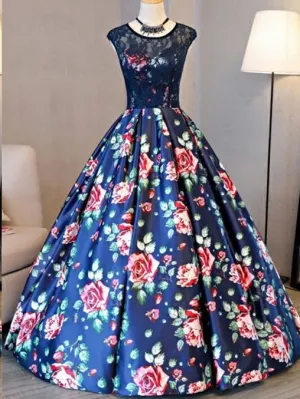 Ball Gown Prom Dresses Scoop Lace Floral Print Floor-length Chic Prom Dress JKL805
