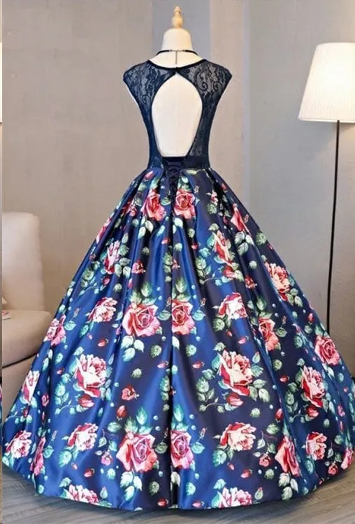 Ball Gown Prom Dresses Scoop Lace Floral Print Floor-length Chic Prom Dress JKL805