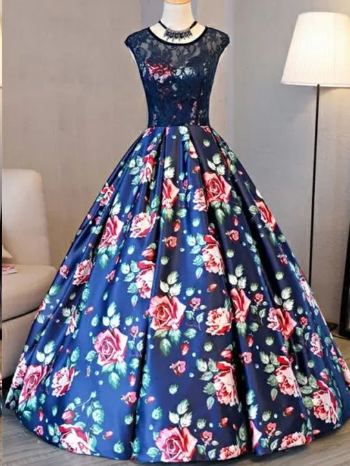 Ball Gown Prom Dresses Scoop Lace Floral Print Floor-length Chic Prom Dress JKL805
