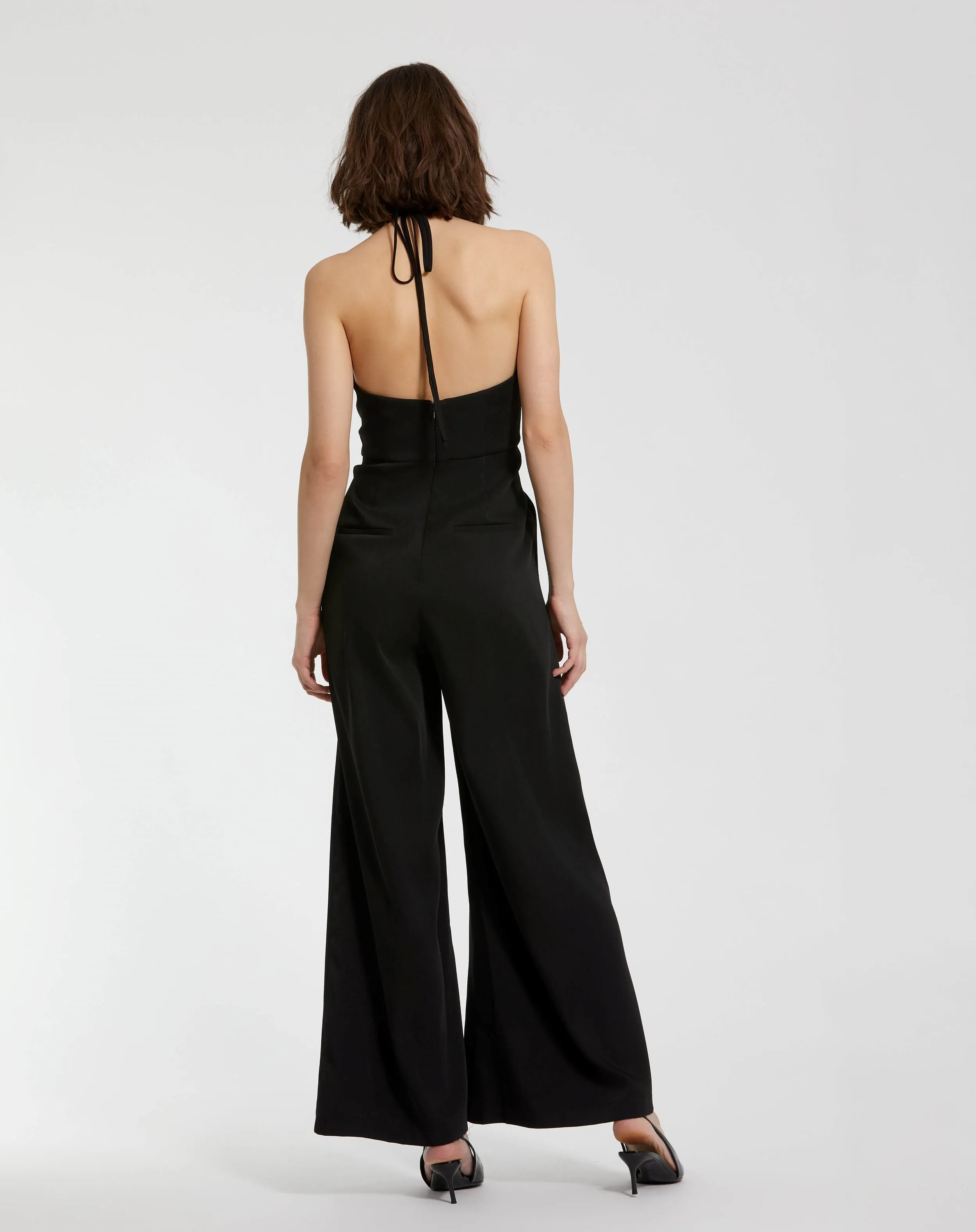 Black Crepe Halter Neck Jumpsuit With Flower