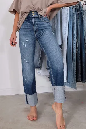 Blue Distressed High Waist Straight Leg Denim Jeans
