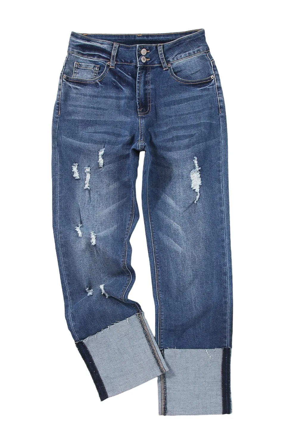 Blue Distressed High Waist Straight Leg Denim Jeans