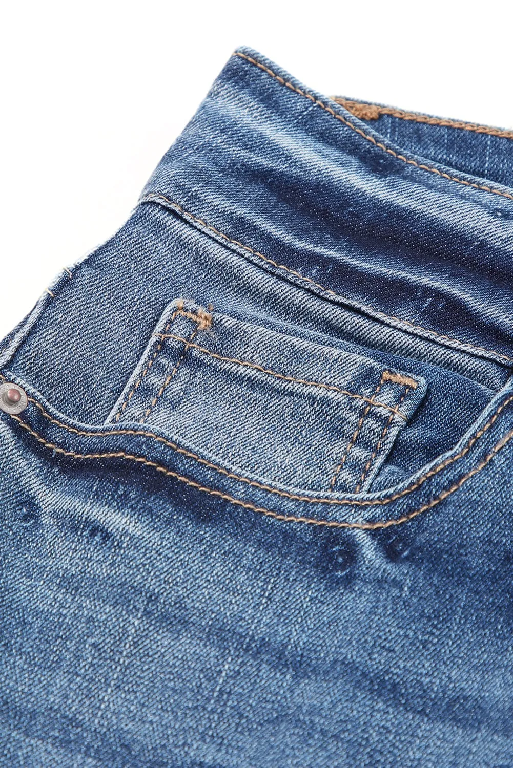 Blue Distressed High Waist Straight Leg Denim Jeans