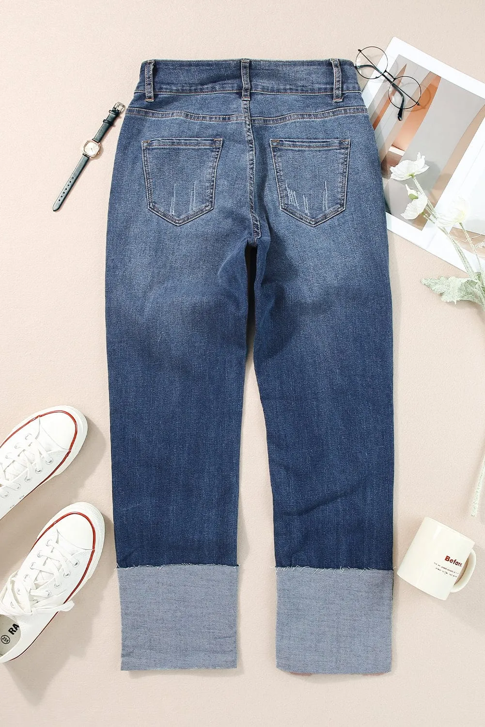 Blue Distressed High Waist Straight Leg Denim Jeans