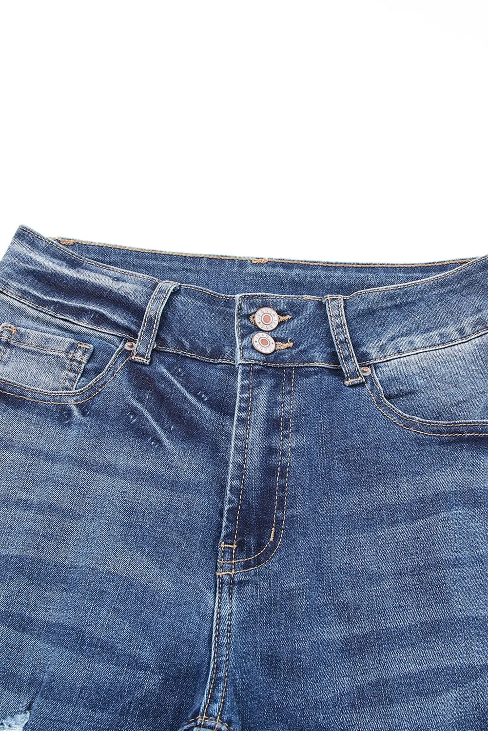 Blue Distressed High Waist Straight Leg Denim Jeans
