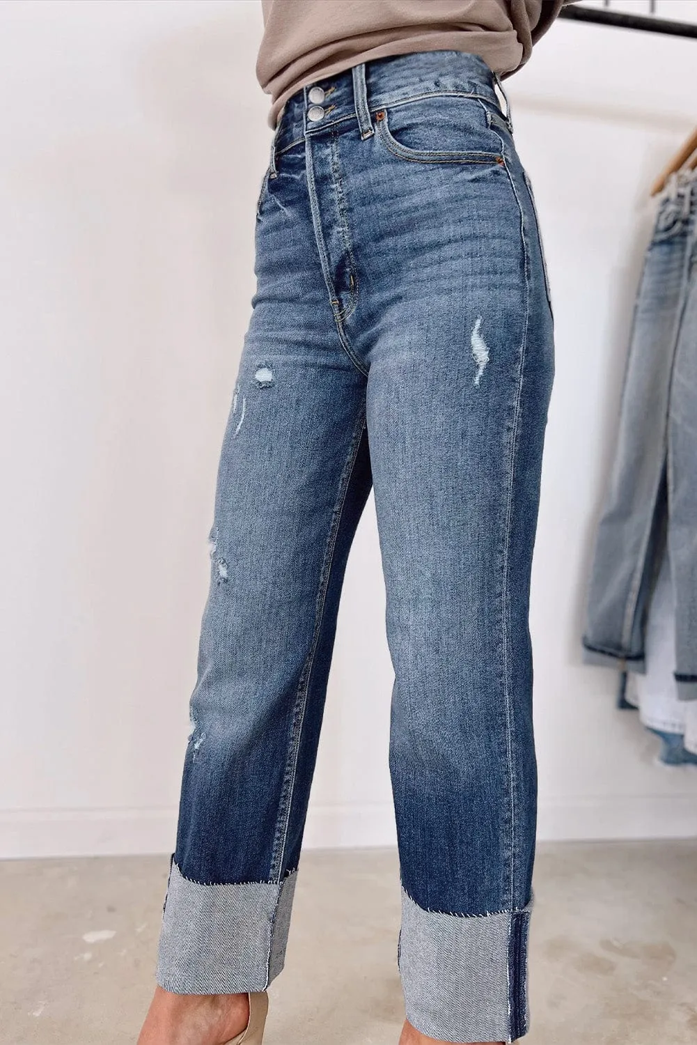 Blue Distressed High Waist Straight Leg Denim Jeans
