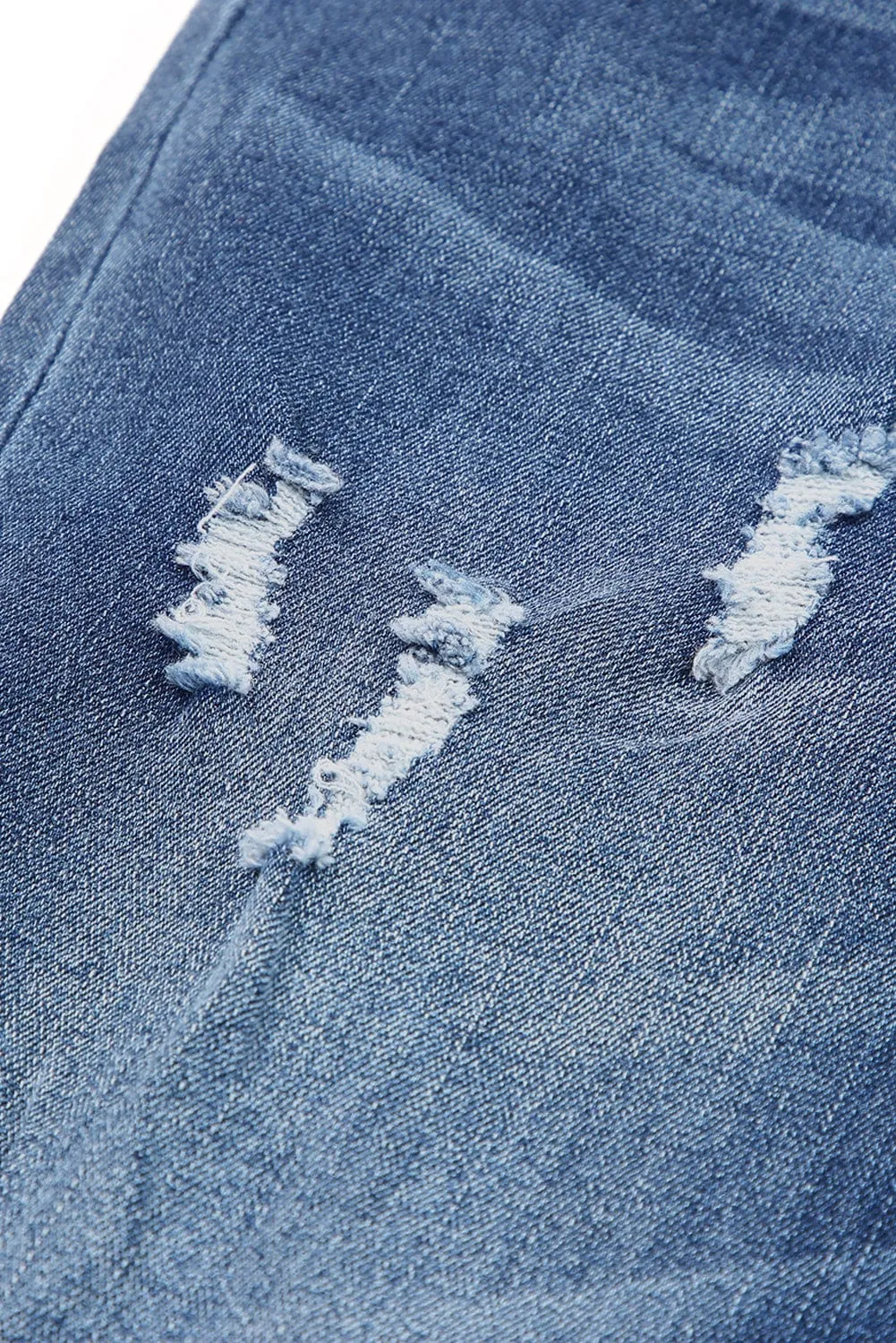 Blue Distressed High Waist Straight Leg Denim Jeans