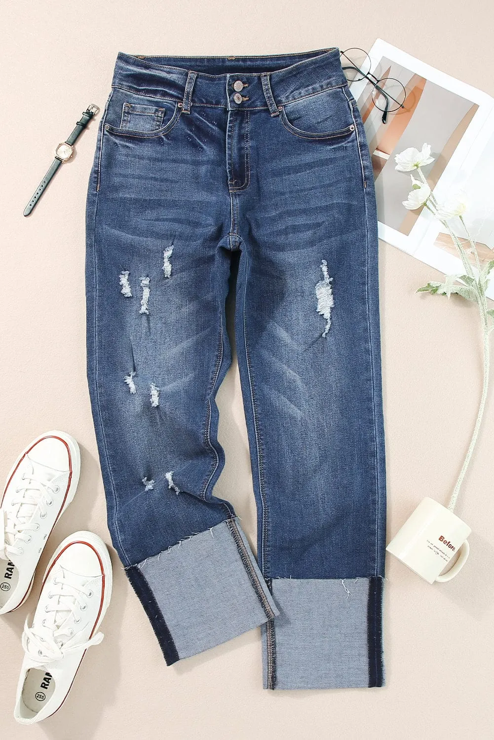 Blue Distressed High Waist Straight Leg Denim Jeans