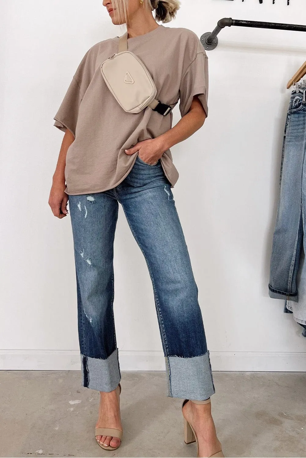 Blue Distressed High Waist Straight Leg Denim Jeans