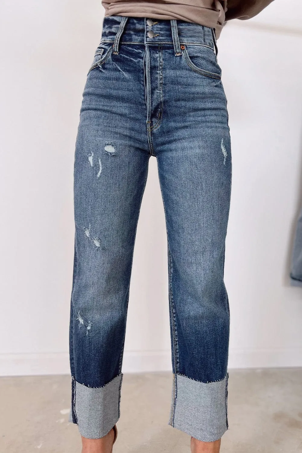 Blue Distressed High Waist Straight Leg Denim Jeans