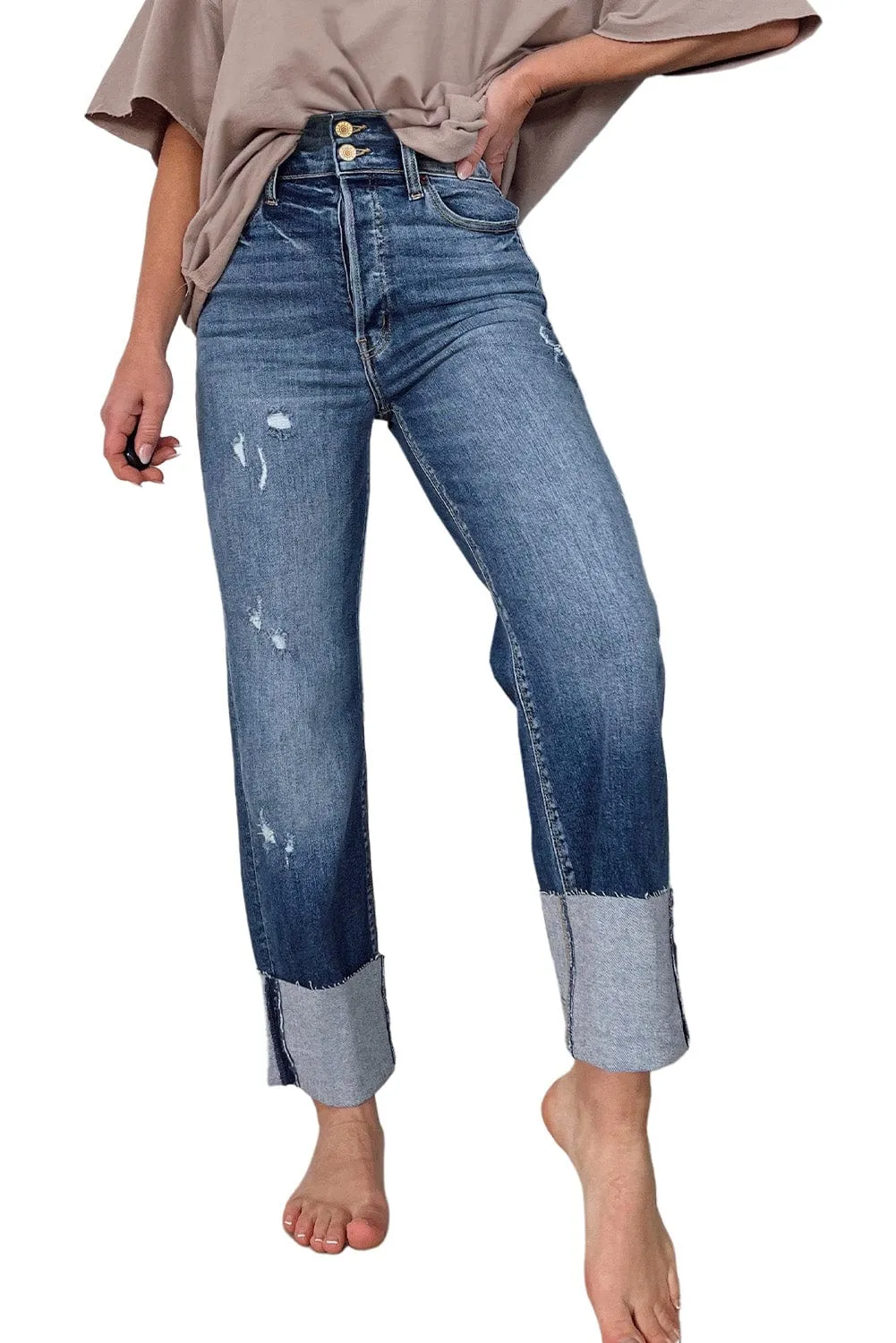 Blue Distressed High Waist Straight Leg Denim Jeans