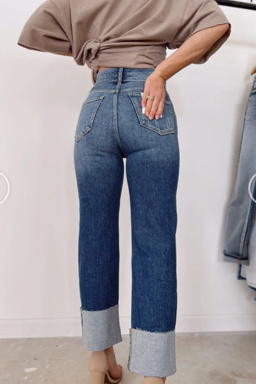 Blue Distressed High Waist Straight Leg Denim Jeans