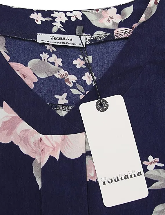 Blue Grey Womens 3/4 Cuffed Sleeve Chiffon Printed V Neck Casual Blouse Shirt Tops - Youtalia