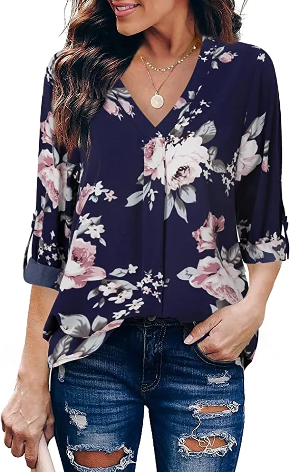 Blue Grey Womens 3/4 Cuffed Sleeve Chiffon Printed V Neck Casual Blouse Shirt Tops - Youtalia