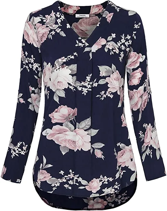Blue Grey Womens 3/4 Cuffed Sleeve Chiffon Printed V Neck Casual Blouse Shirt Tops - Youtalia