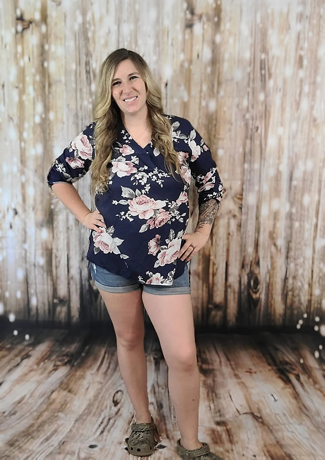 Blue Grey Womens 3/4 Cuffed Sleeve Chiffon Printed V Neck Casual Blouse Shirt Tops - Youtalia