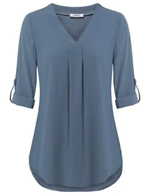 Blue Grey Womens 3/4 Cuffed Sleeve Chiffon Printed V Neck Casual Blouse Shirt Tops - Youtalia
