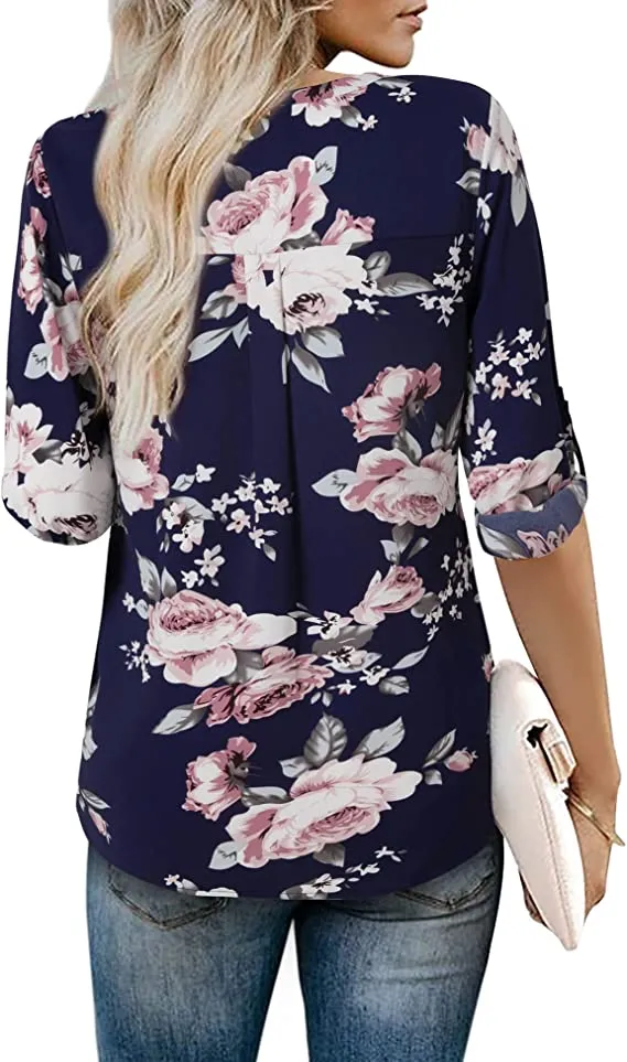 Blue Grey Womens 3/4 Cuffed Sleeve Chiffon Printed V Neck Casual Blouse Shirt Tops - Youtalia