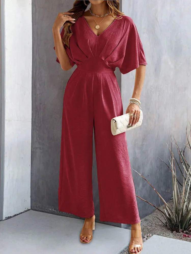 CHICMY- Women's 2024 Casual Jumpsuit Overall Short Sleeve V-Neck Wide Leg Jumpsuit One Piece