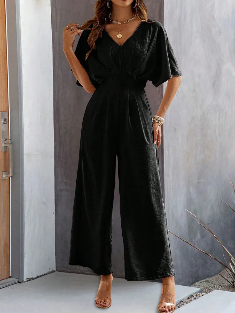 CHICMY- Women's 2024 Casual Jumpsuit Overall Short Sleeve V-Neck Wide Leg Jumpsuit One Piece
