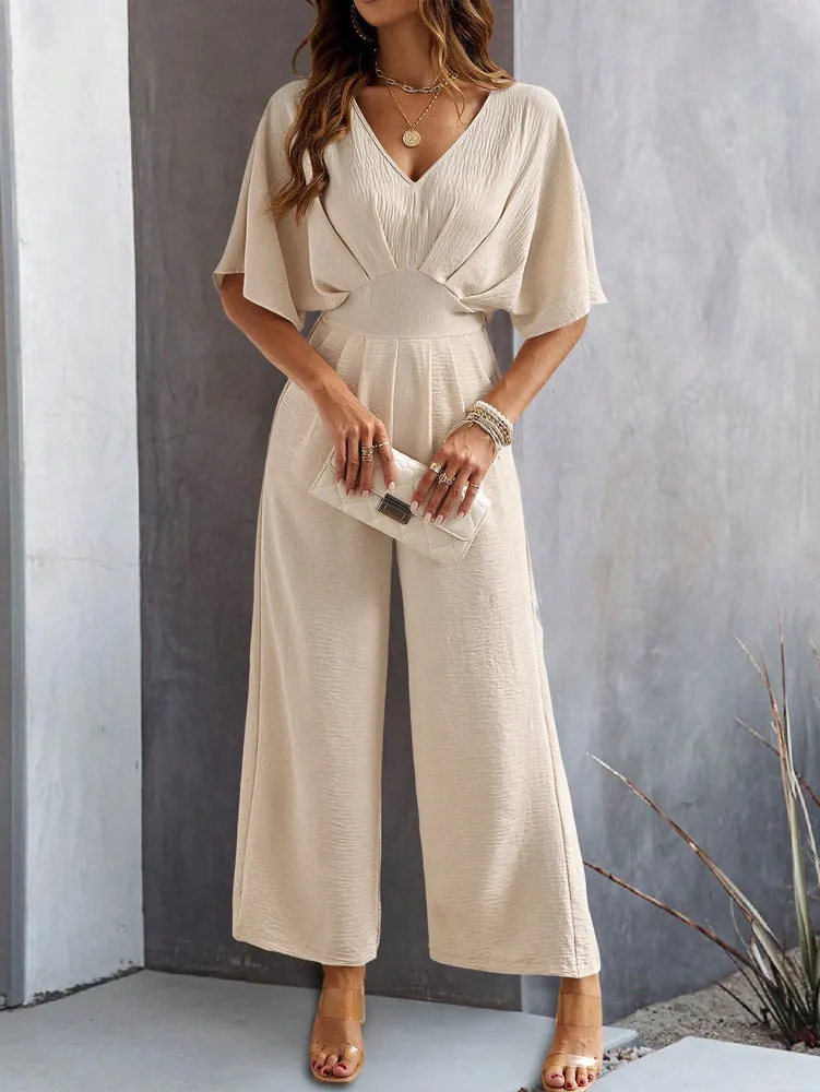 CHICMY- Women's 2024 Casual Jumpsuit Overall Short Sleeve V-Neck Wide Leg Jumpsuit One Piece