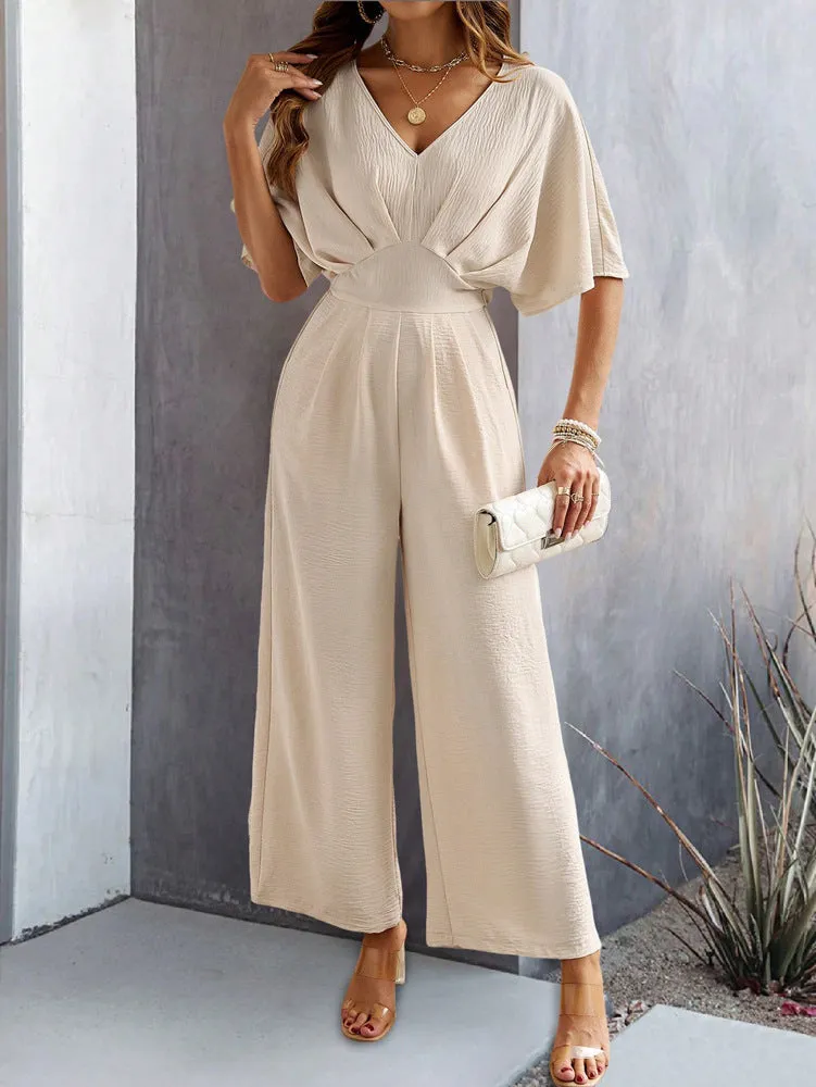 CHICMY- Women's 2024 Casual Jumpsuit Overall Short Sleeve V-Neck Wide Leg Jumpsuit One Piece