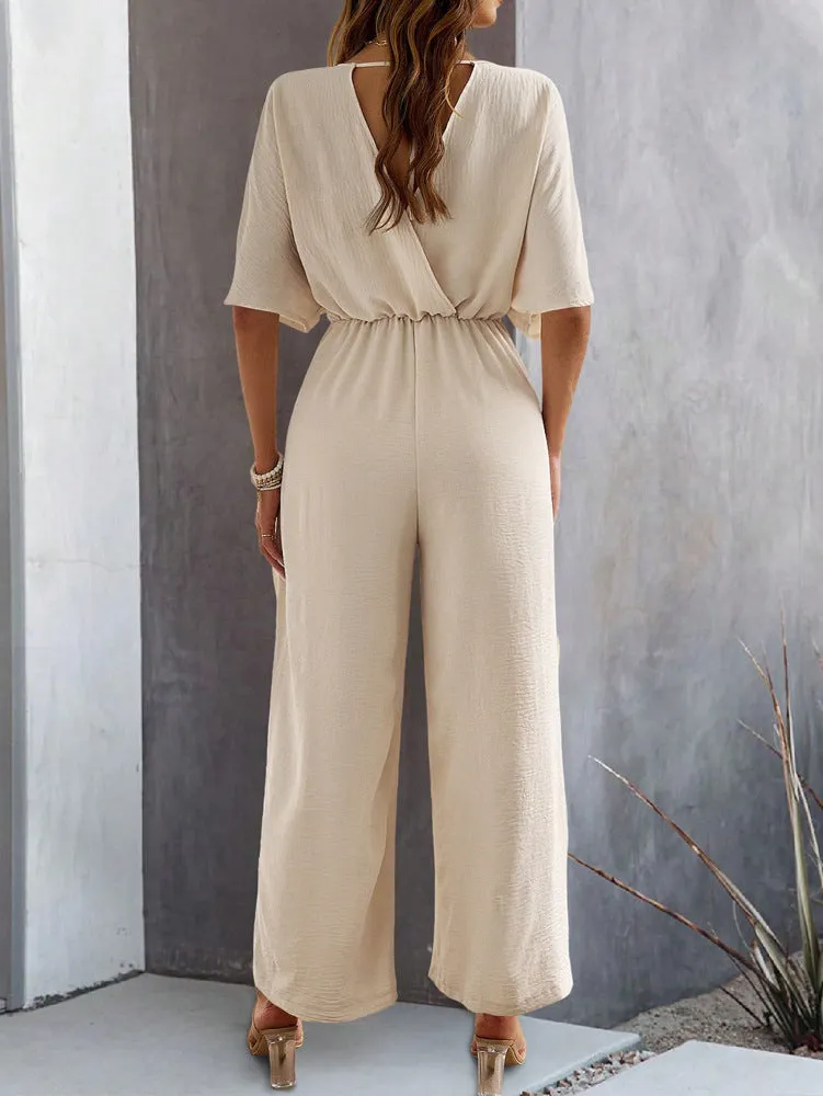 CHICMY- Women's 2024 Casual Jumpsuit Overall Short Sleeve V-Neck Wide Leg Jumpsuit One Piece