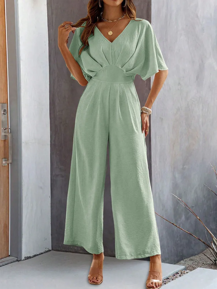 CHICMY- Women's 2024 Casual Jumpsuit Overall Short Sleeve V-Neck Wide Leg Jumpsuit One Piece