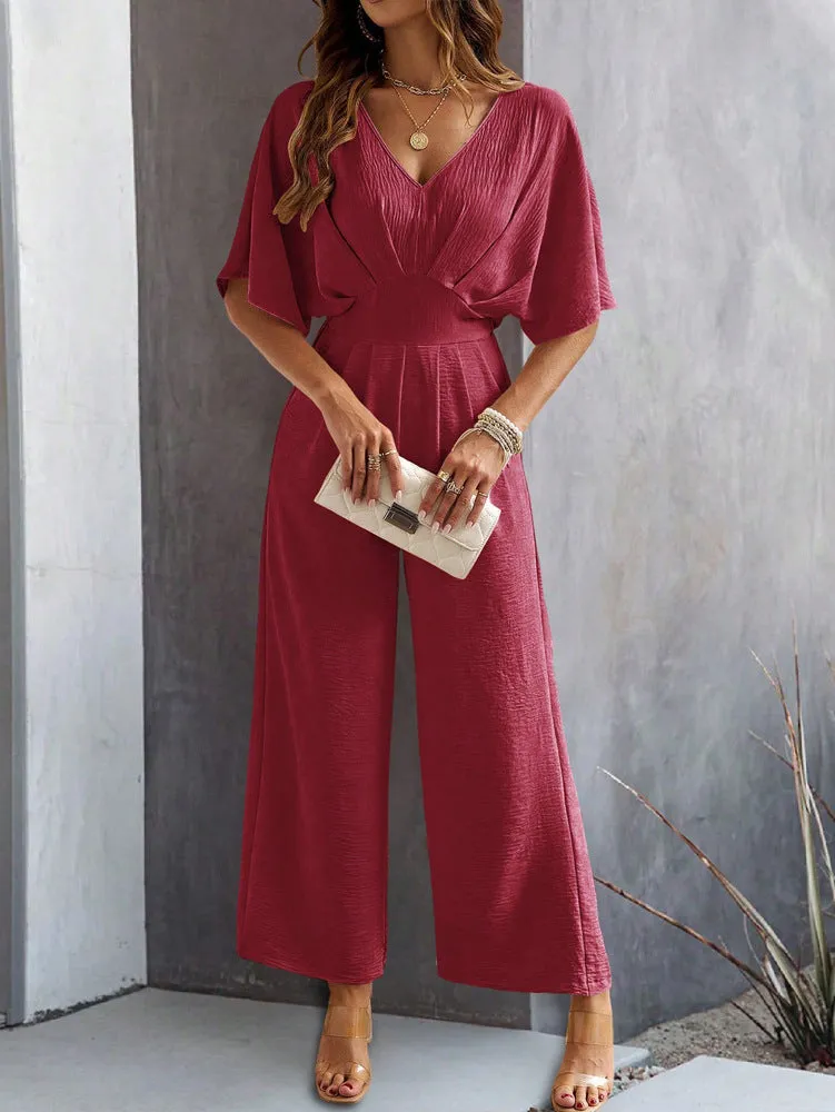 CHICMY- Women's 2024 Casual Jumpsuit Overall Short Sleeve V-Neck Wide Leg Jumpsuit One Piece