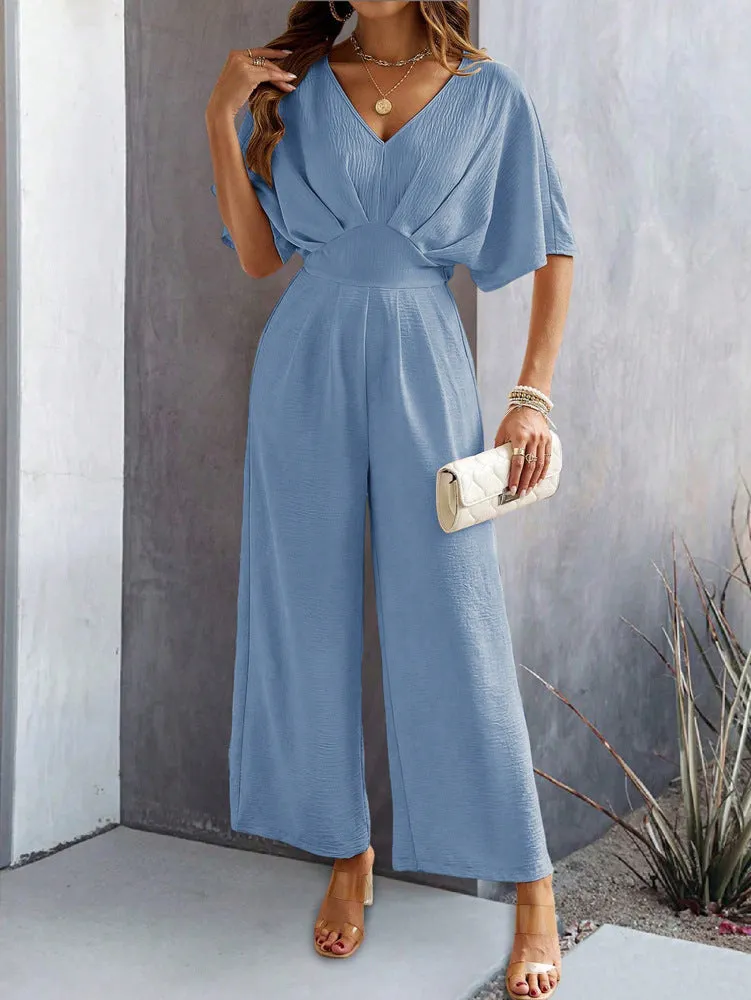CHICMY- Women's 2024 Casual Jumpsuit Overall Short Sleeve V-Neck Wide Leg Jumpsuit One Piece