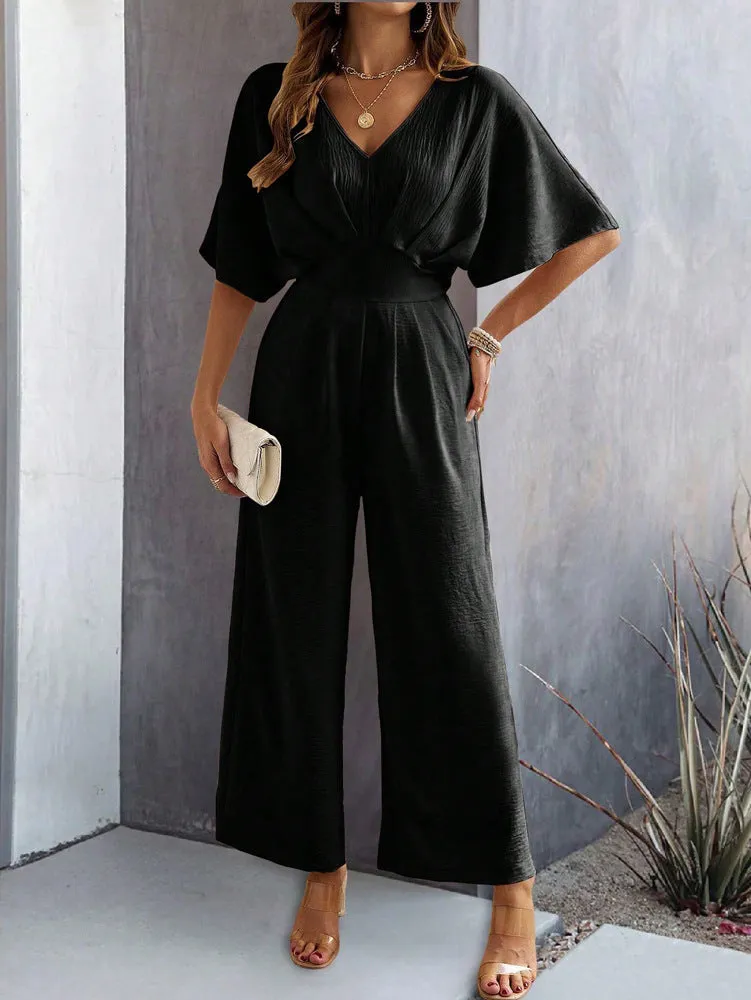 CHICMY- Women's 2024 Casual Jumpsuit Overall Short Sleeve V-Neck Wide Leg Jumpsuit One Piece