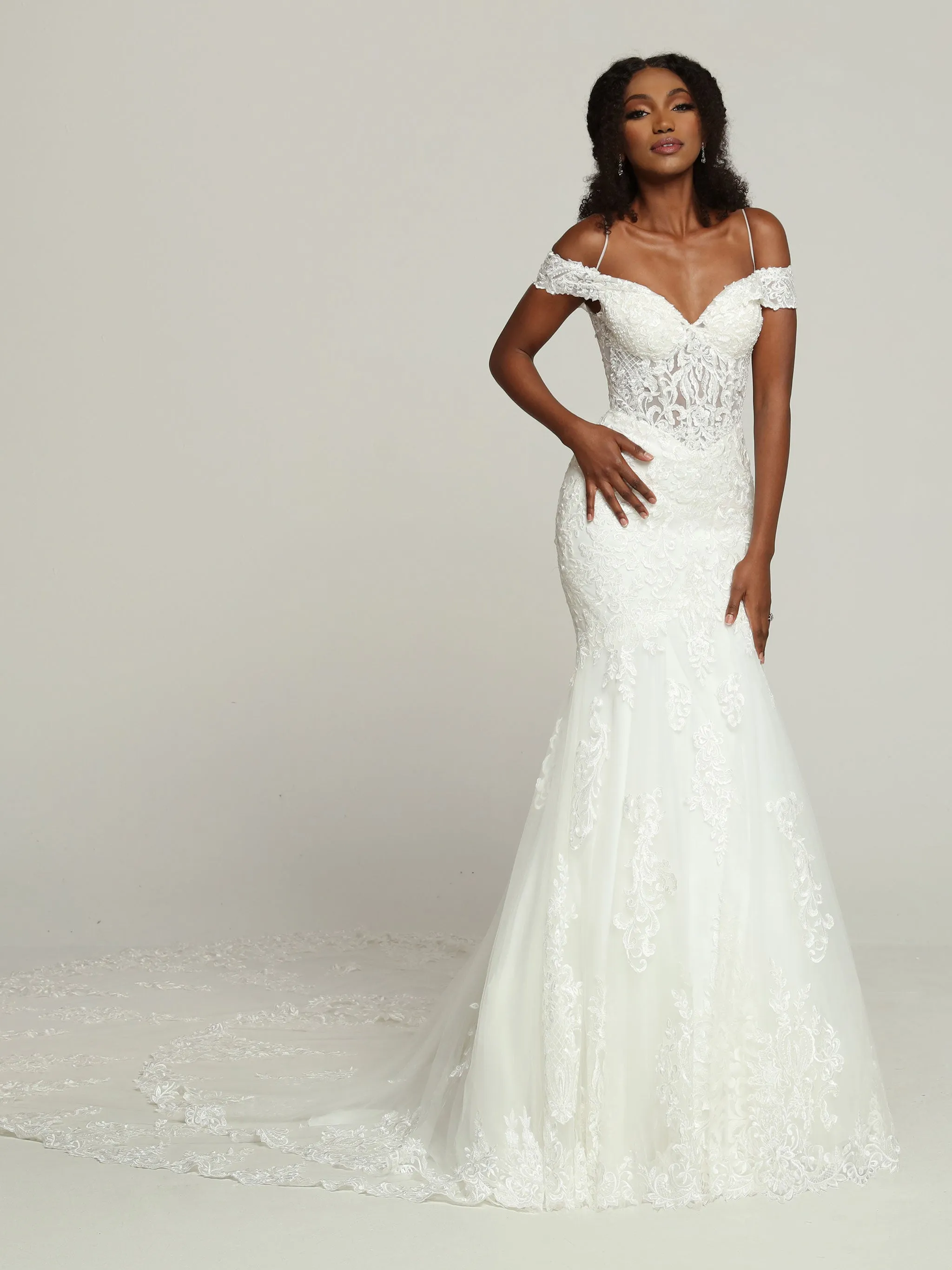 Davinci Bridal 50686 Sheer Beaded off the shoulder mermaid Wedding Dress Bridal Gown Train
