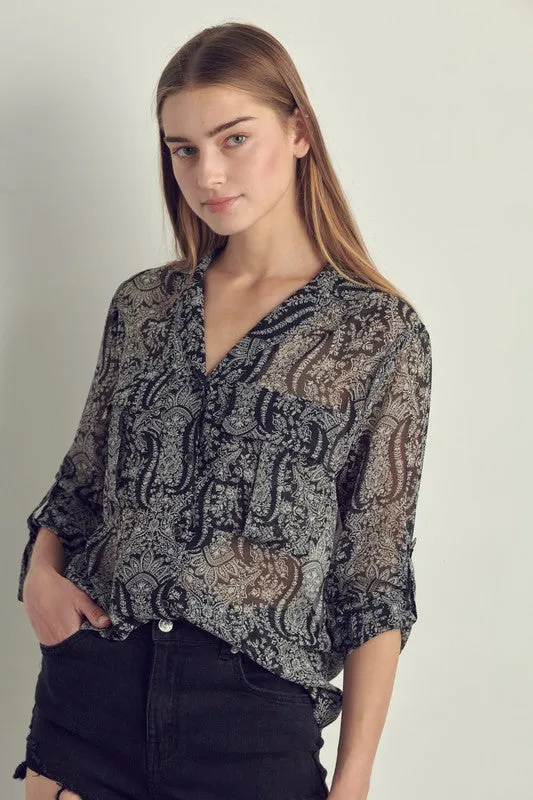 Front pocket roll up sleeve chiffon blouse
