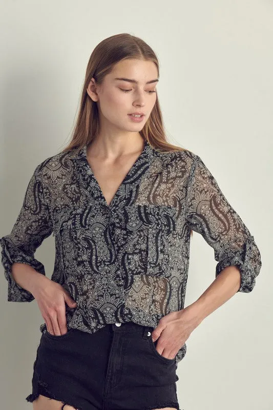 Front pocket roll up sleeve chiffon blouse