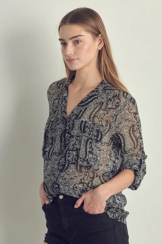 Front pocket roll up sleeve chiffon blouse