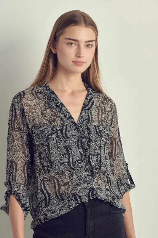 Front pocket roll up sleeve chiffon blouse