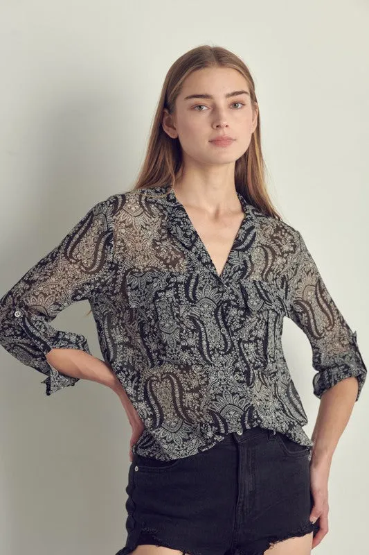Front pocket roll up sleeve chiffon blouse