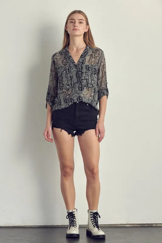 Front pocket roll up sleeve chiffon blouse