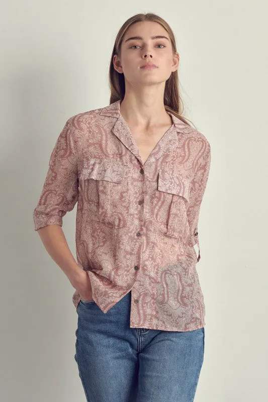 Front pocket roll up sleeve chiffon blouse