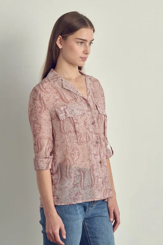 Front pocket roll up sleeve chiffon blouse