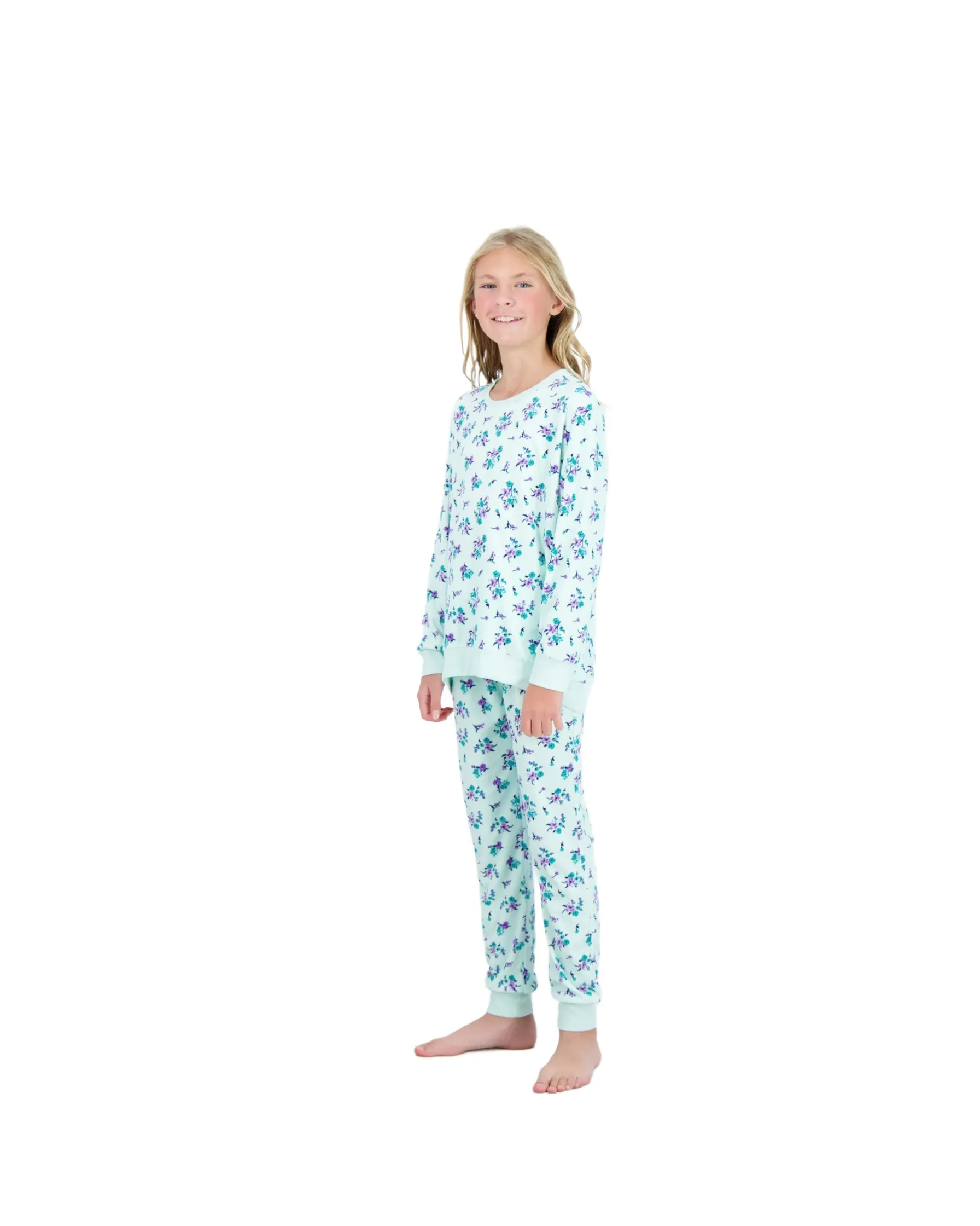 Girls 2-Piece Velour Pajama Set- Floral, Mint Green Girls Pajama Set