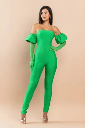 Green Bandage Puff Glove Jumpsuit