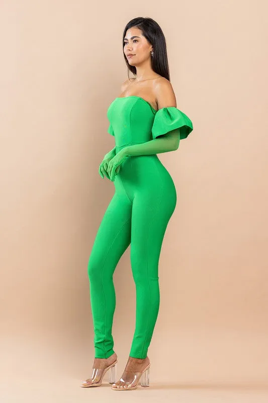 Green Bandage Puff Glove Jumpsuit
